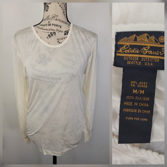 Vintage Eddie Bauer Top Womens SZ M Ivory Silk Pointelle Long Sleeve Base Layer - Picture 1 of 8
